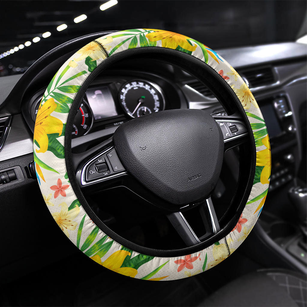 Hawaiian Piko Threads Of Paradise Aloha Steering Wheel Cover Tropical Hibiscus Plumeria TS04 Universal Fit White Green - Polynesian Pride