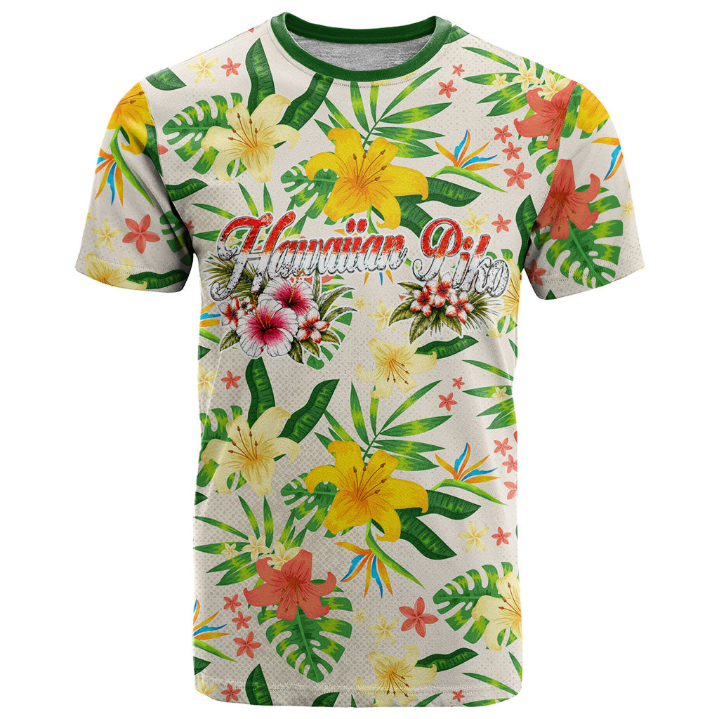 Hawaiian Piko Threads Of Paradise Aloha T Shirt Tropical Hibiscus Plumeria TS04 White Green - Polynesian Pride