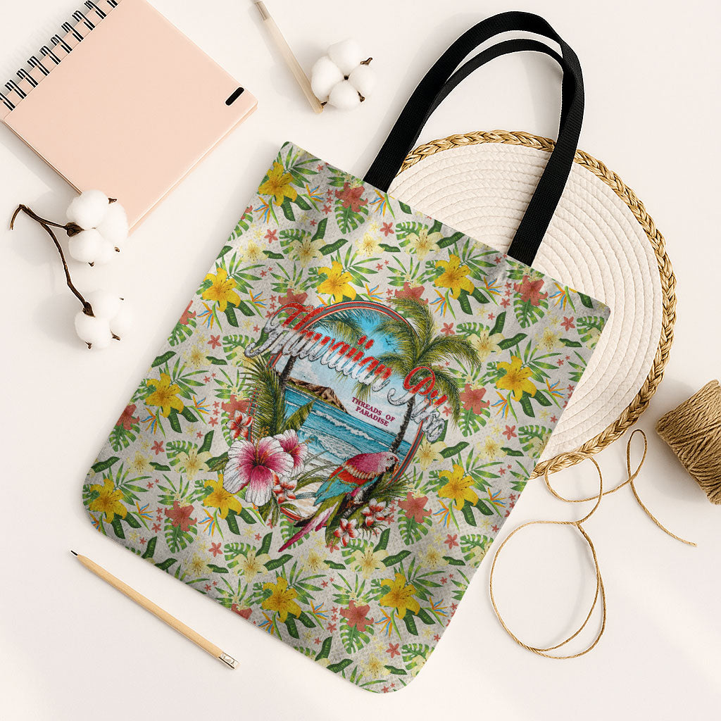 Hawaiian Piko Threads Of Paradise Aloha Tote Bag Tropical Hibiscus Plumeria TS04 Black Strap One Size White Green - Polynesian Pride