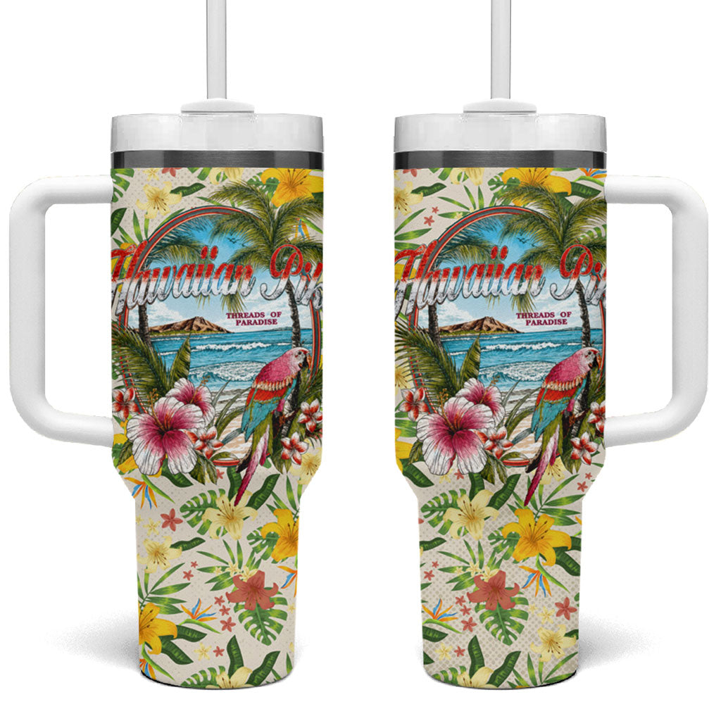 Hawaiian Piko Threads Of Paradise Aloha Tumbler With Handle Tropical Hibiscus Plumeria TS04 One Size: 40 oz White Green - Polynesian Pride