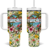 Hawaiian Piko Threads Of Paradise Aloha Tumbler With Handle Tropical Hibiscus Plumeria TS04 One Size: 40 oz White Green - Polynesian Pride