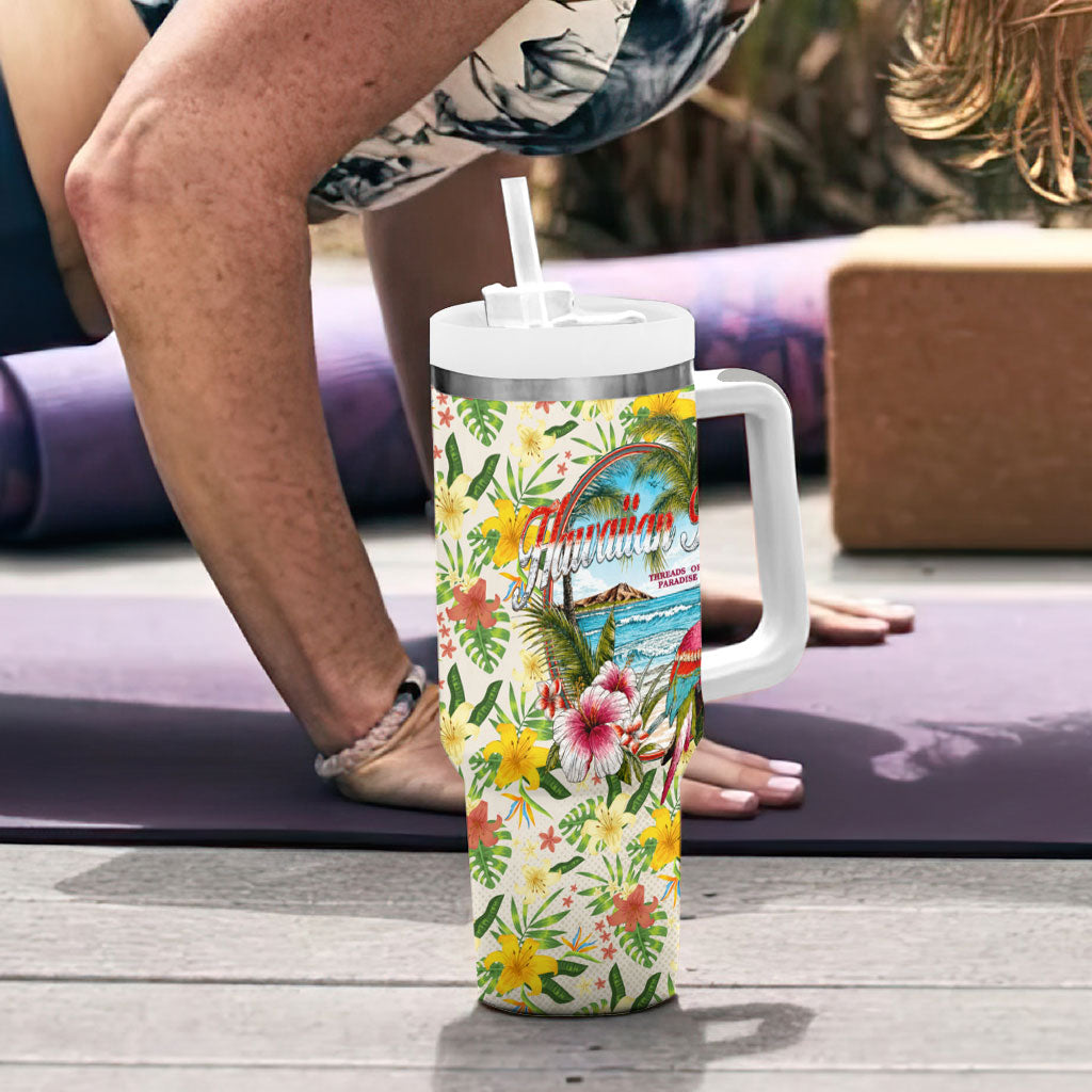 Hawaiian Piko Threads Of Paradise Aloha Tumbler With Handle Tropical Hibiscus Plumeria TS04 - Polynesian Pride