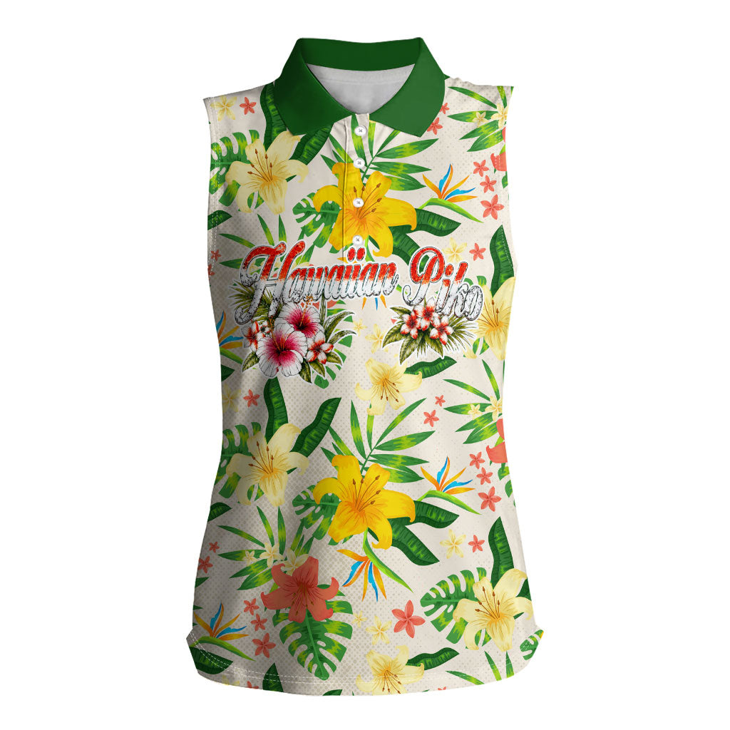 Hawaiian Piko Threads Of Paradise Aloha Women Sleeveless Polo Shirt Tropical Hibiscus Plumeria TS04 Female White Green - Polynesian Pride