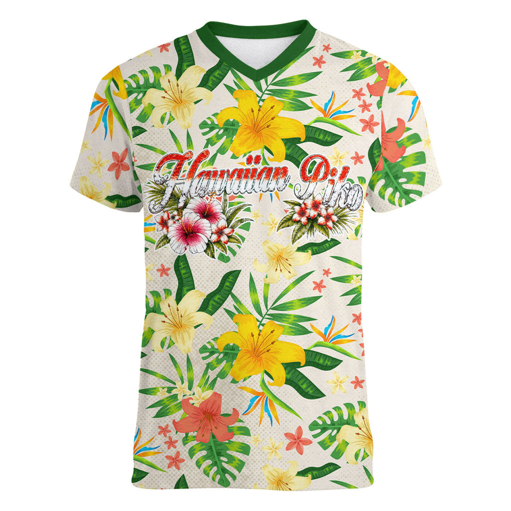 Hawaiian Piko Threads Of Paradise Aloha Women V-Neck T-Shirt Tropical Hibiscus Plumeria TS04 Female White Green - Polynesian Pride