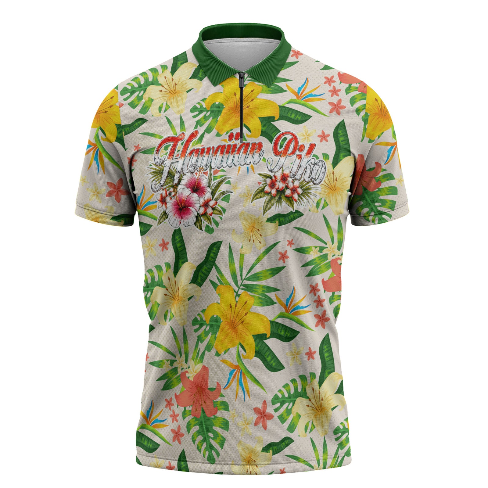 Hawaiian Piko Threads Of Paradise Aloha Zipper Polo Shirt Tropical Hibiscus Plumeria TS04 White Green - Polynesian Pride