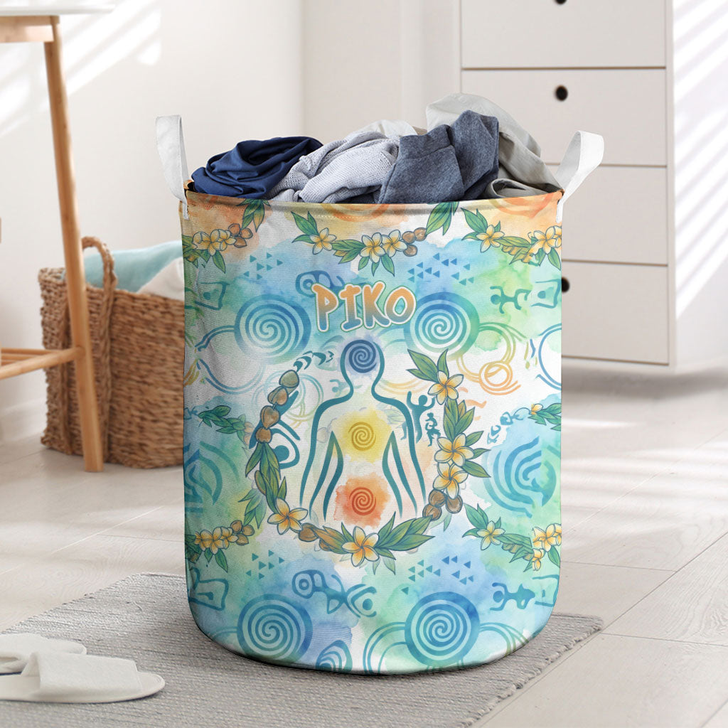 Hawaiian Piko Cultural Pride Aloha Laundry Basket Watercolor Spiral Art - Tropical Plumeria Lei Garland TS04 White Blue - Polynesian Pride