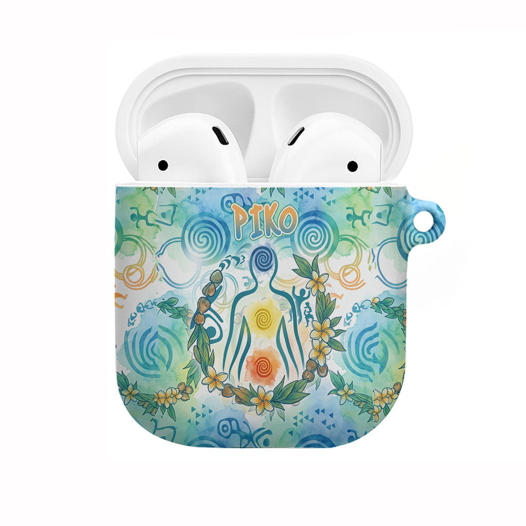 Hawaiian Piko Cultural Pride Aloha AirPods Case Watercolor Spiral Art - Tropical Plumeria Lei Garland TS04 White Blue - Polynesian Pride