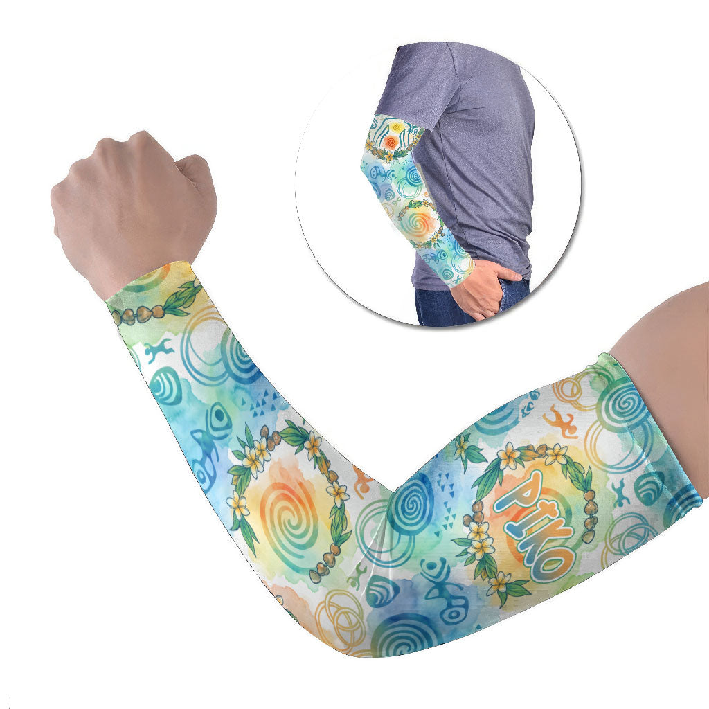 Hawaiian Piko Cultural Pride Aloha Arm Sleeves Watercolor Spiral Art - Tropical Plumeria Lei Garland TS04 Set of 2 White Blue - Polynesian Pride