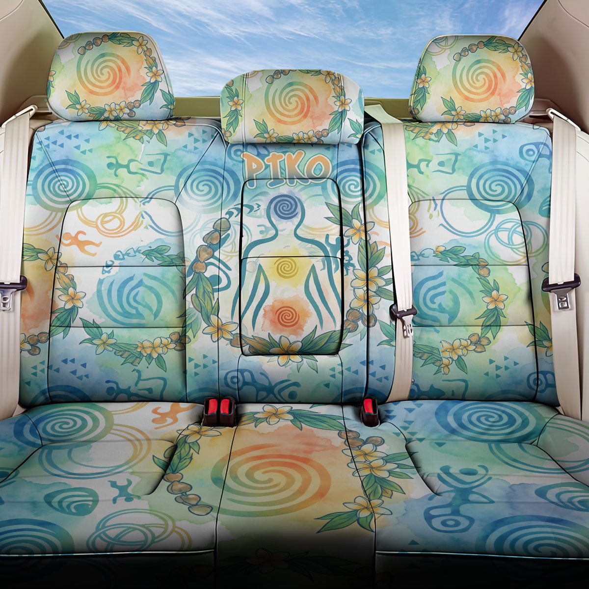 Hawaiian Piko Cultural Pride Aloha Back Car Seat Cover Watercolor Spiral Art - Tropical Plumeria Lei Garland TS04 One Size White Blue - Polynesian Pride