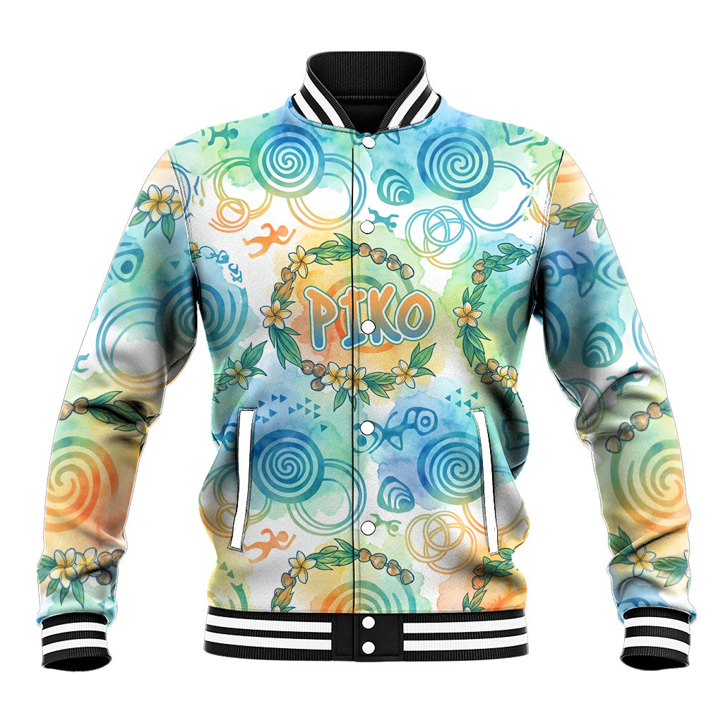 Hawaiian Piko Cultural Pride Aloha Baseball Jacket Watercolor Spiral Art - Tropical Plumeria Lei Garland TS04 Unisex White Blue - Polynesian Pride