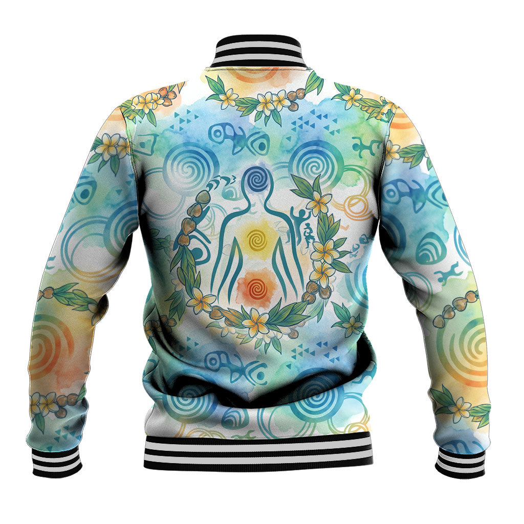 Hawaiian Piko Cultural Pride Aloha Baseball Jacket Watercolor Spiral Art - Tropical Plumeria Lei Garland TS04 - Polynesian Pride
