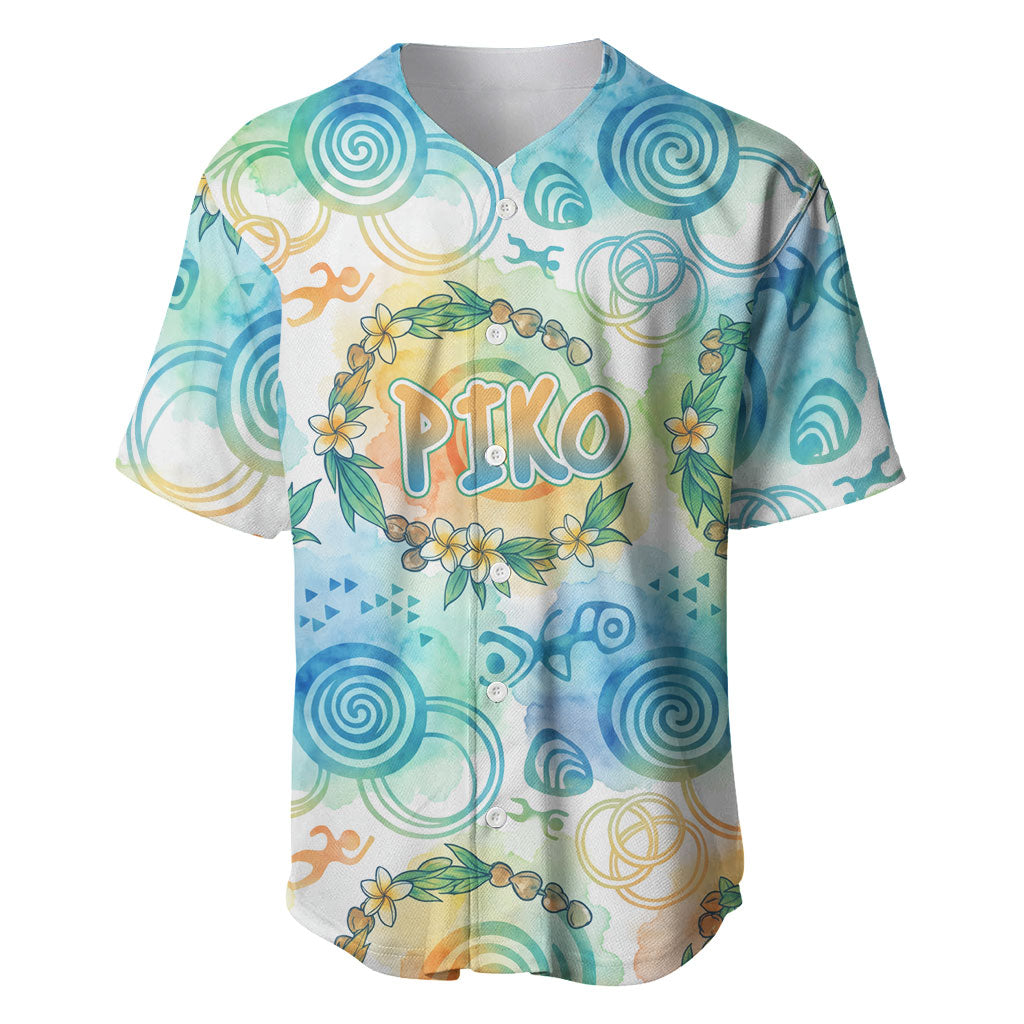 Hawaiian Piko Cultural Pride Aloha Baseball Jersey Watercolor Spiral Art - Tropical Plumeria Lei Garland TS04 White Blue - Polynesian Pride