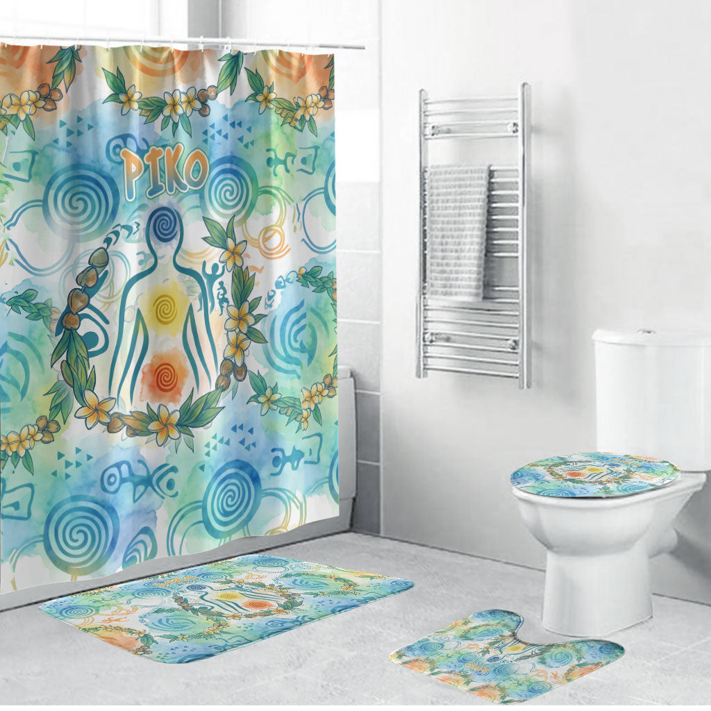 Hawaiian Piko Cultural Pride Aloha Bathroom Set Watercolor Spiral Art - Tropical Plumeria Lei Garland TS04 Bathroom Set (4 pcs) White Blue - Polynesian Pride