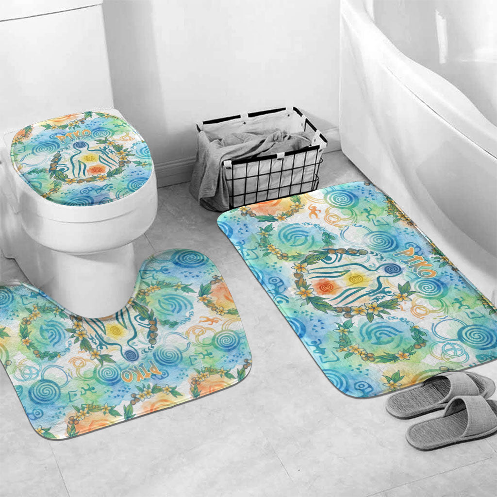 Hawaiian Piko Cultural Pride Aloha Bathroom Set Watercolor Spiral Art - Tropical Plumeria Lei Garland TS04 Mat Set Only (3 pcs) One Size White Blue - Polynesian Pride
