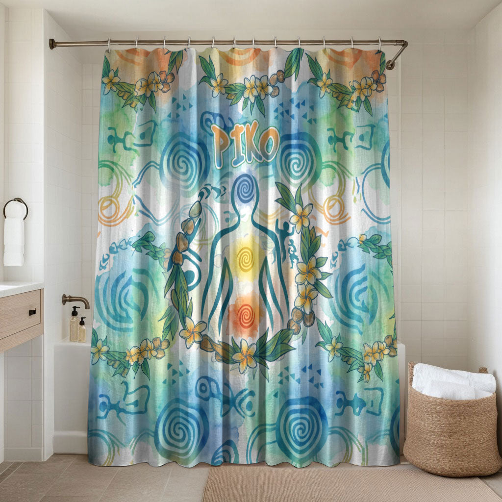 Hawaiian Piko Cultural Pride Aloha Bathroom Set Watercolor Spiral Art - Tropical Plumeria Lei Garland TS04 Shower Curtain Only White Blue - Polynesian Pride