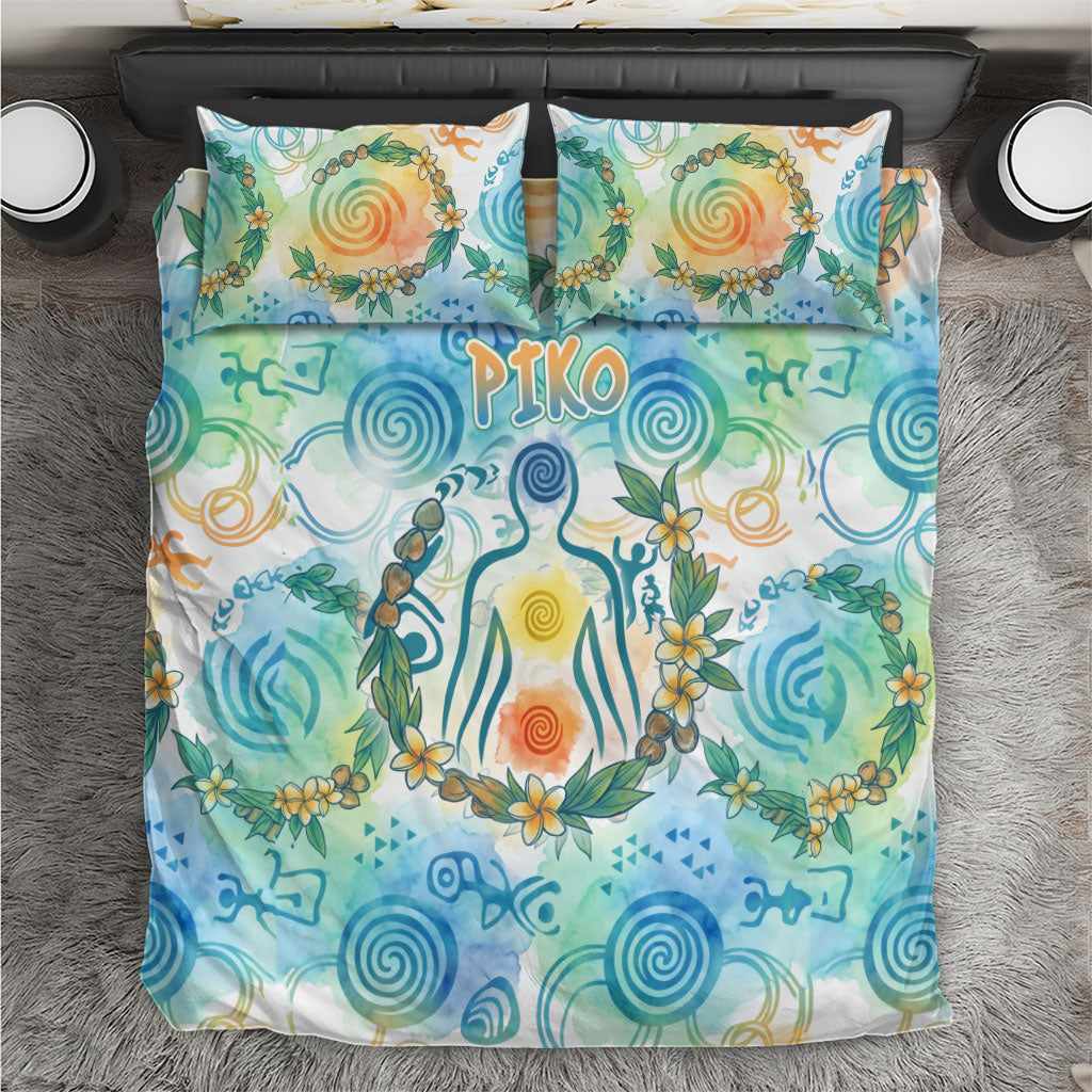 Hawaiian Piko Cultural Pride Aloha Bedding Set Watercolor Spiral Art - Tropical Plumeria Lei Garland TS04 White Blue - Polynesian Pride