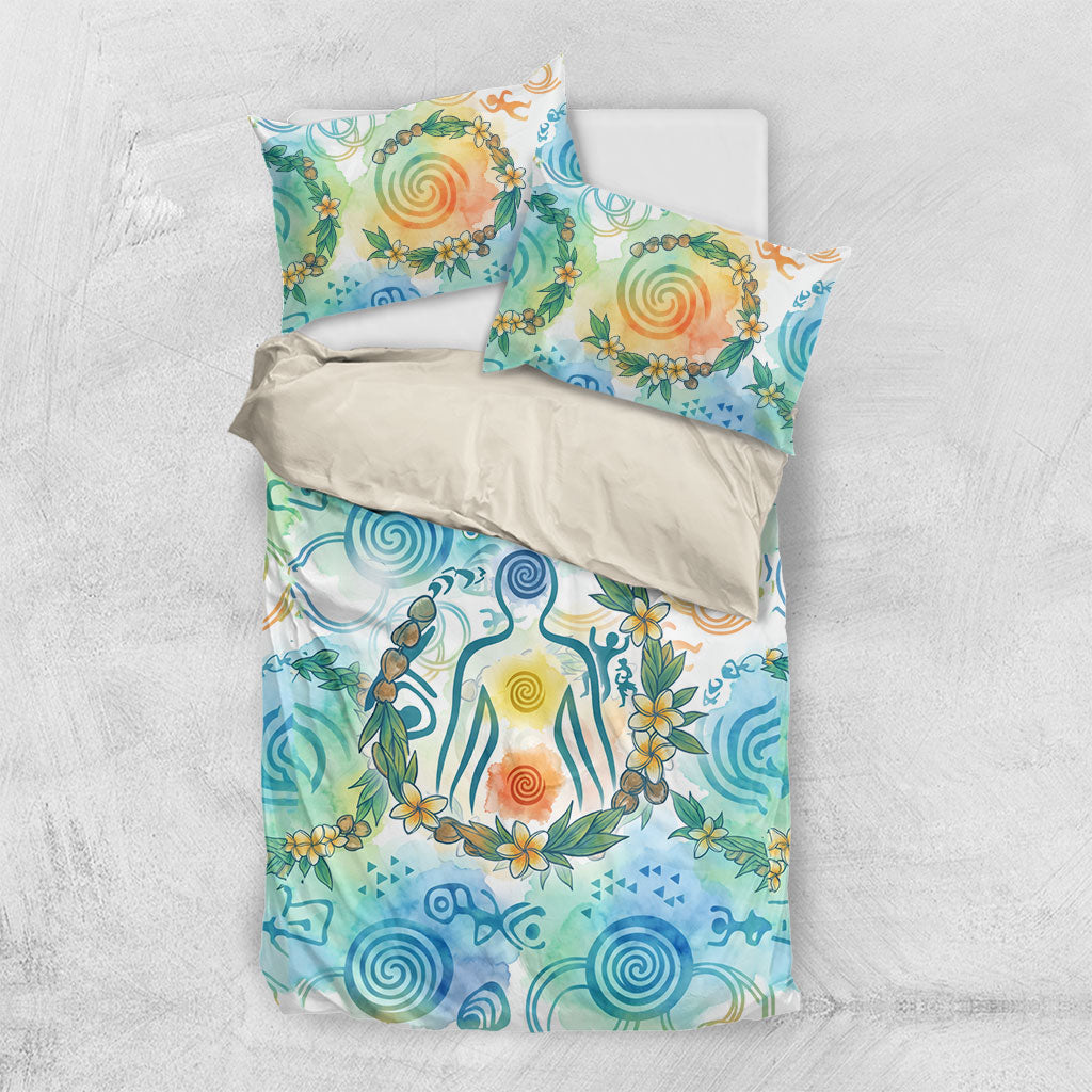 Hawaiian Piko Cultural Pride Aloha Bedding Set Watercolor Spiral Art - Tropical Plumeria Lei Garland TS04 US Twin 172cm x 218cm White Blue - Polynesian Pride
