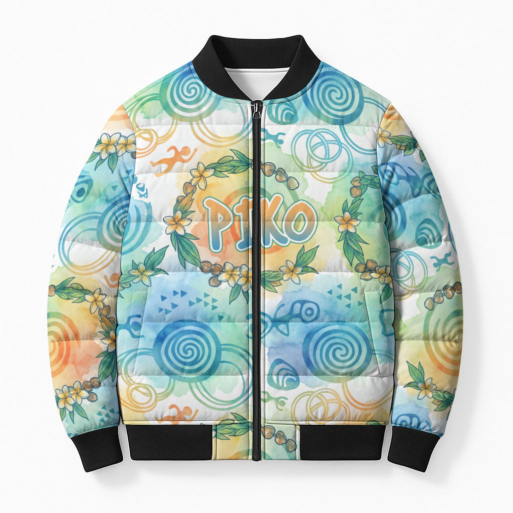 Hawaiian Piko Cultural Pride Aloha Bomber Puffer Jacket Watercolor Spiral Art - Tropical Plumeria Lei Garland TS04 Unisex White Blue - Polynesian Pride
