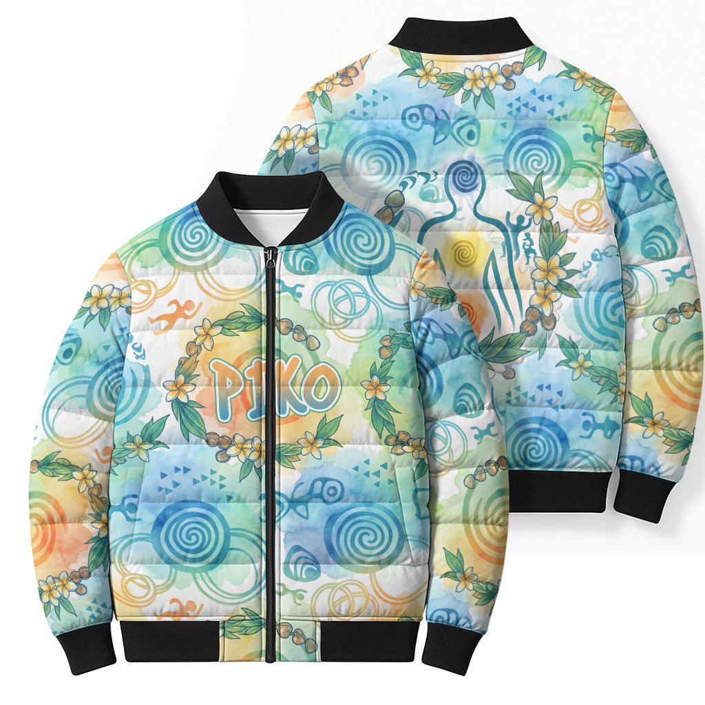 Hawaiian Piko Cultural Pride Aloha Bomber Puffer Jacket Watercolor Spiral Art - Tropical Plumeria Lei Garland TS04 - Polynesian Pride