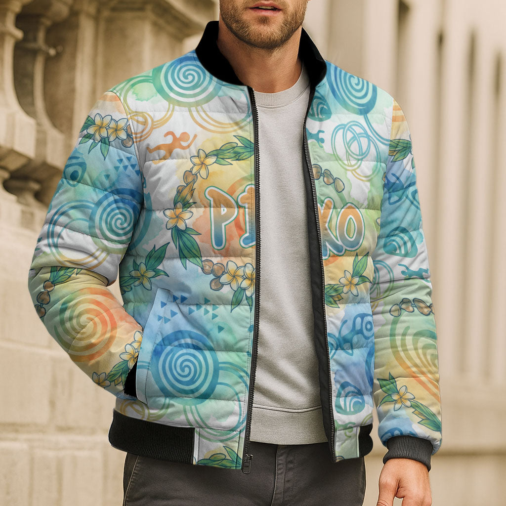 Hawaiian Piko Cultural Pride Aloha Bomber Puffer Jacket Watercolor Spiral Art - Tropical Plumeria Lei Garland TS04 - Polynesian Pride