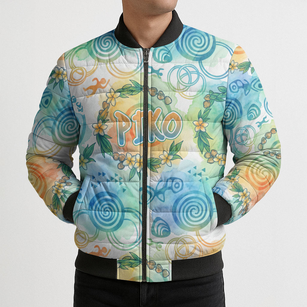 Hawaiian Piko Cultural Pride Aloha Bomber Puffer Jacket Watercolor Spiral Art - Tropical Plumeria Lei Garland TS04 - Polynesian Pride