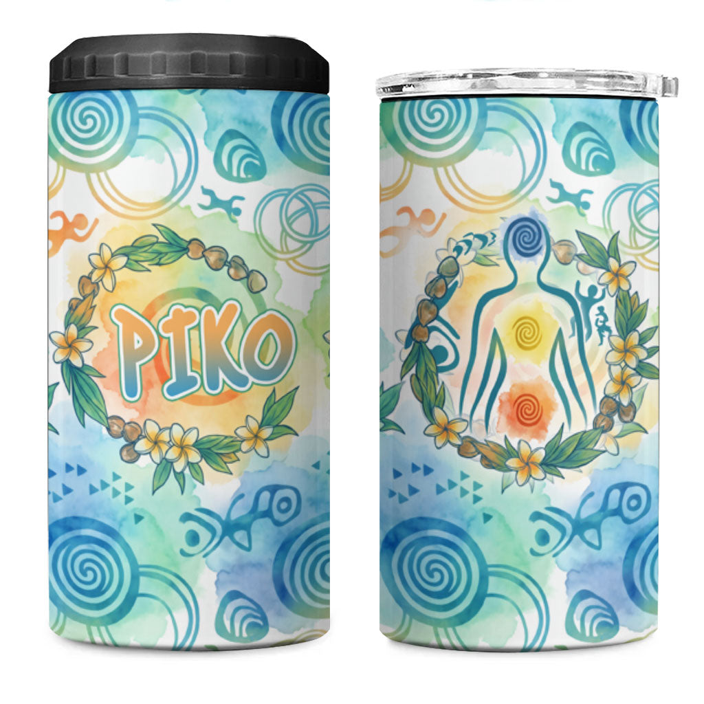 Hawaiian Piko Cultural Pride Aloha 4 in 1 Can Cooler Tumbler Watercolor Spiral Art - Tropical Plumeria Lei Garland TS04 One Size: 16 oz White Blue - Polynesian Pride