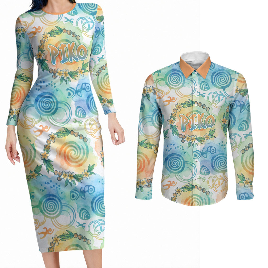 Hawaiian Piko Cultural Pride Aloha Couples Matching Long Sleeve Bodycon Dress and Long Sleeve Button Shirt Watercolor Spiral Art - Tropical Plumeria Lei Garland TS04 White Blue - Polynesian Pride