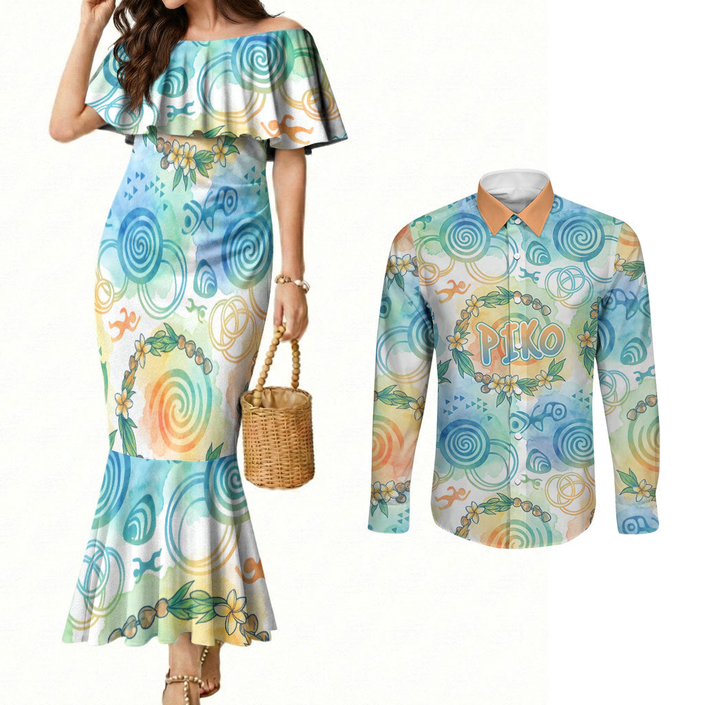 Hawaiian Piko Cultural Pride Aloha Couples Matching Mermaid Dress and Long Sleeve Button Shirt Watercolor Spiral Art - Tropical Plumeria Lei Garland TS04 White Blue - Polynesian Pride