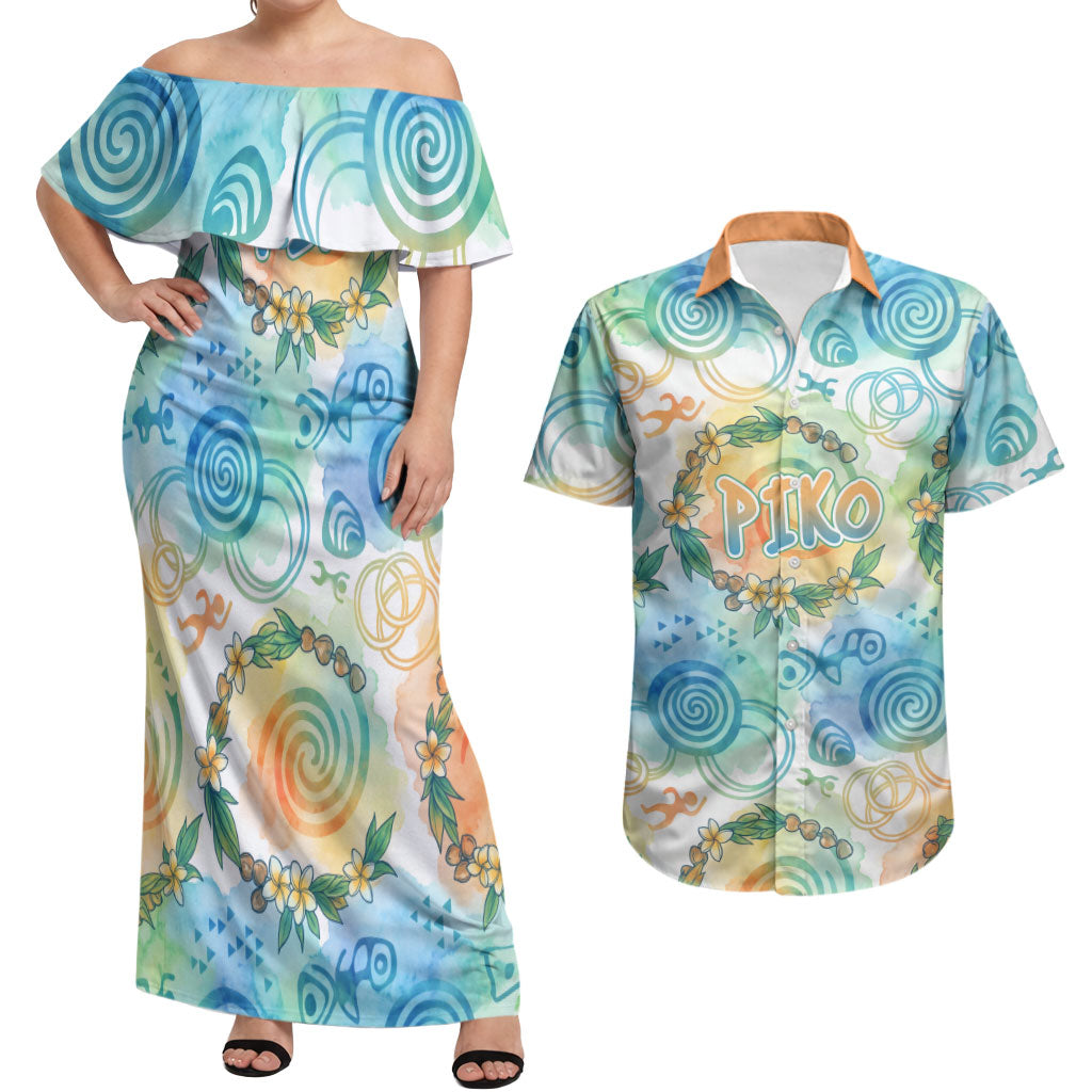 Hawaiian Piko Cultural Pride Aloha Couples Matching Off Shoulder Maxi Dress and Hawaiian Shirt Watercolor Spiral Art - Tropical Plumeria Lei Garland TS04 White Blue - Polynesian Pride