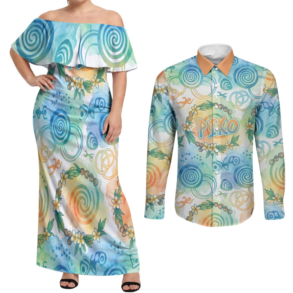 Hawaiian Piko Cultural Pride Aloha Couples Matching Off Shoulder Maxi Dress and Long Sleeve Button Shirt Watercolor Spiral Art - Tropical Plumeria Lei Garland TS04 White Blue - Polynesian Pride