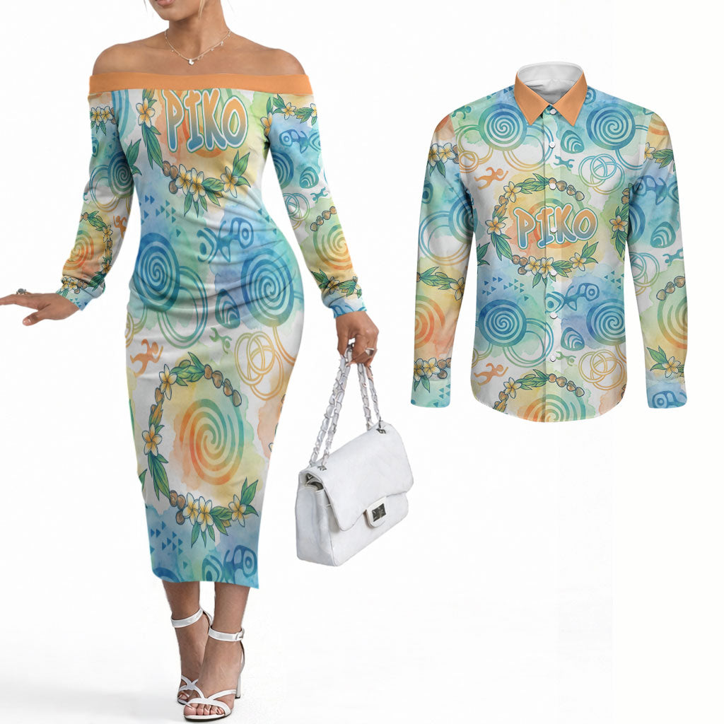 Hawaiian Piko Cultural Pride Aloha Couples Matching Off The Shoulder Long Sleeve Dress and Long Sleeve Button Shirt Watercolor Spiral Art - Tropical Plumeria Lei Garland TS04 White Blue - Polynesian Pride