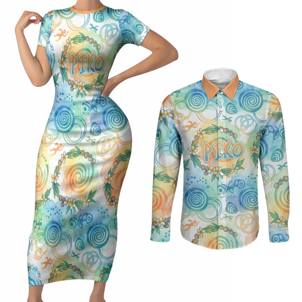 Hawaiian Piko Cultural Pride Aloha Couples Matching Short Sleeve Bodycon Dress and Long Sleeve Button Shirt Watercolor Spiral Art - Tropical Plumeria Lei Garland TS04 White Blue - Polynesian Pride