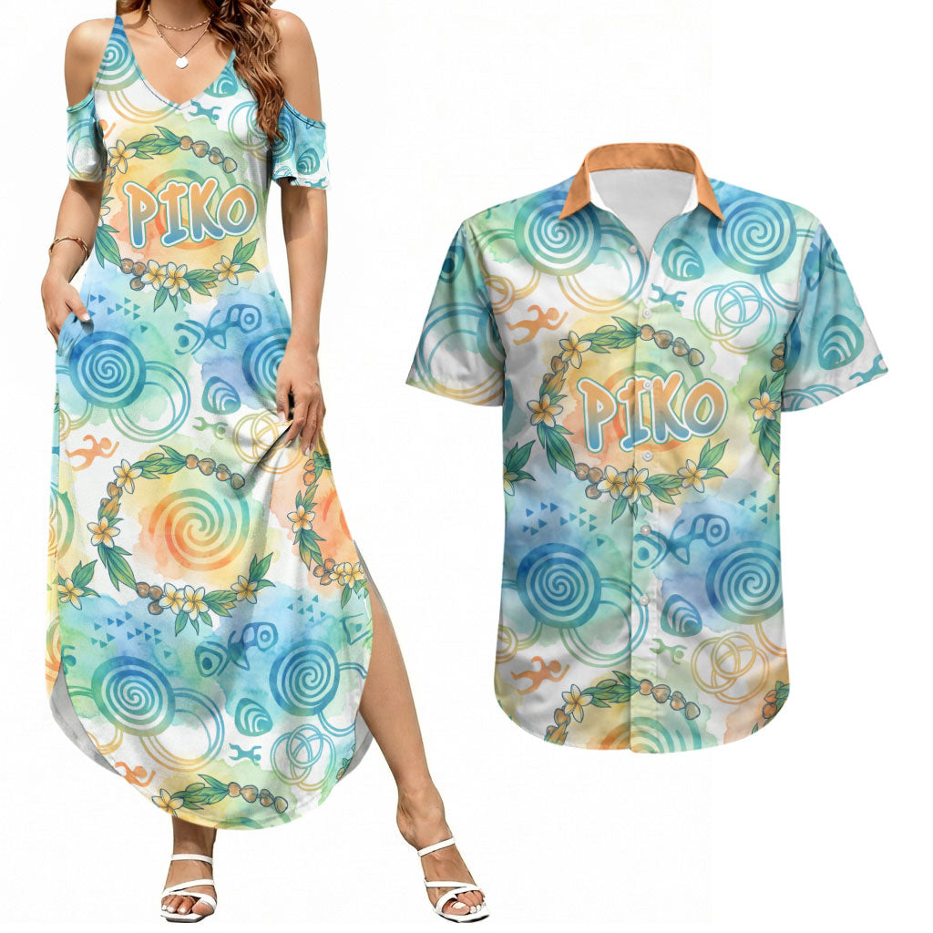 Hawaiian Piko Cultural Pride Aloha Couples Matching Summer Maxi Dress and Hawaiian Shirt Watercolor Spiral Art - Tropical Plumeria Lei Garland TS04 White Blue - Polynesian Pride