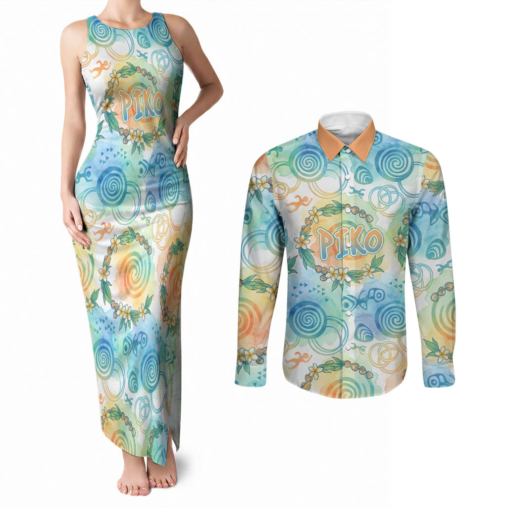 Hawaiian Piko Cultural Pride Aloha Couples Matching Tank Maxi Dress and Long Sleeve Button Shirt Watercolor Spiral Art - Tropical Plumeria Lei Garland TS04 White Blue - Polynesian Pride