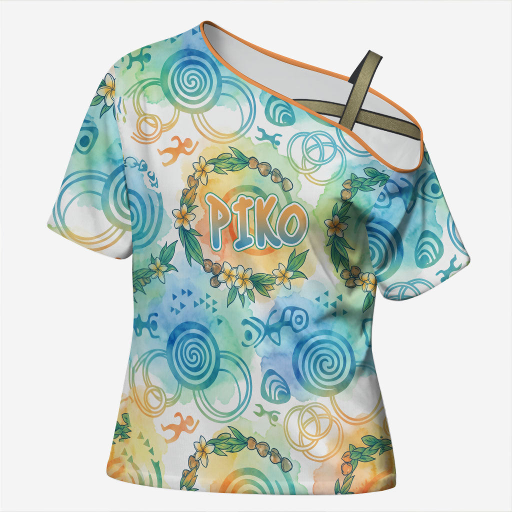 Hawaiian Piko Cultural Pride Aloha Cross Shoulder Shirt Watercolor Spiral Art - Tropical Plumeria Lei Garland TS04 Female White Blue - Polynesian Pride