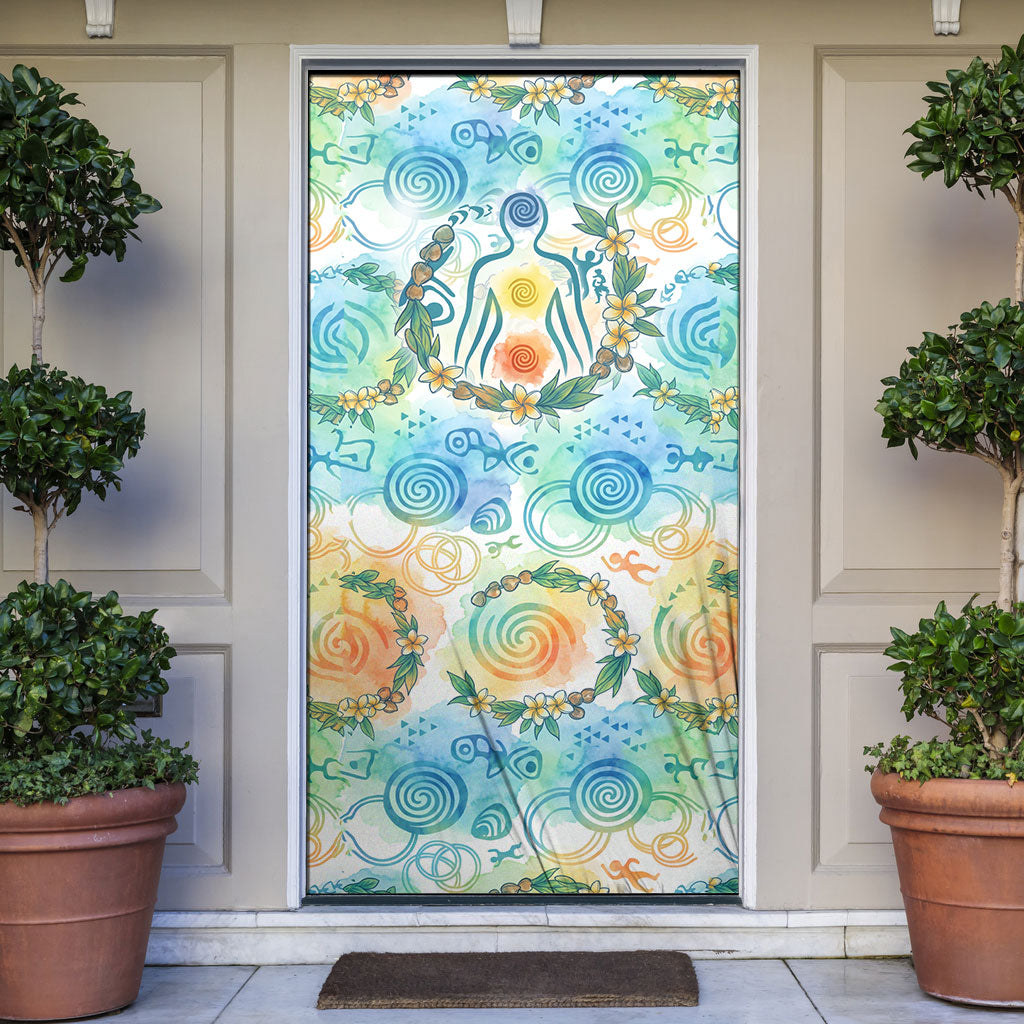 Hawaiian Piko Cultural Pride Aloha Door Cover Watercolor Spiral Art - Tropical Plumeria Lei Garland TS04 White Blue - Polynesian Pride