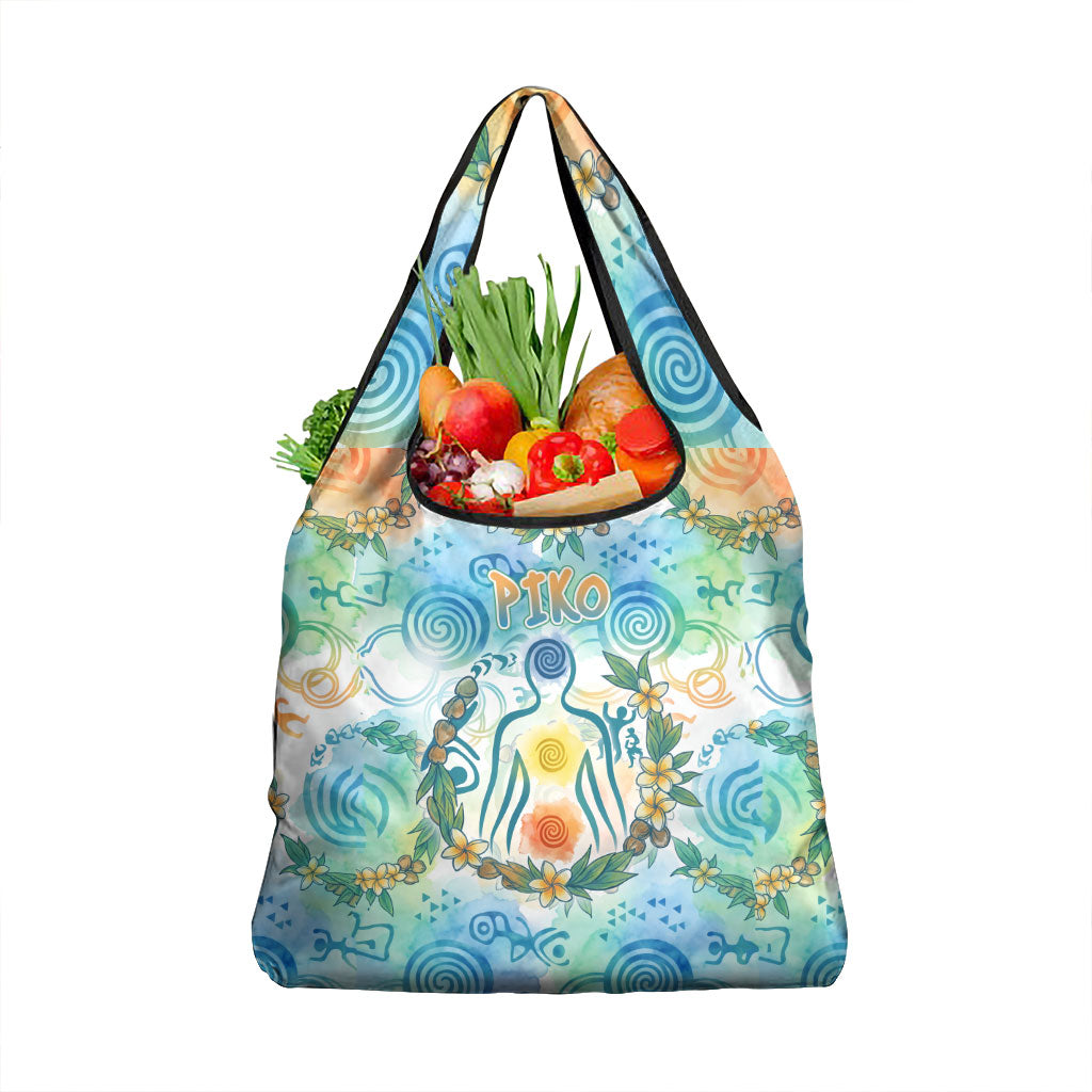 Hawaiian Piko Cultural Pride Aloha Grocery Bag Watercolor Spiral Art - Tropical Plumeria Lei Garland TS04 1-pack One Size White Blue - Polynesian Pride