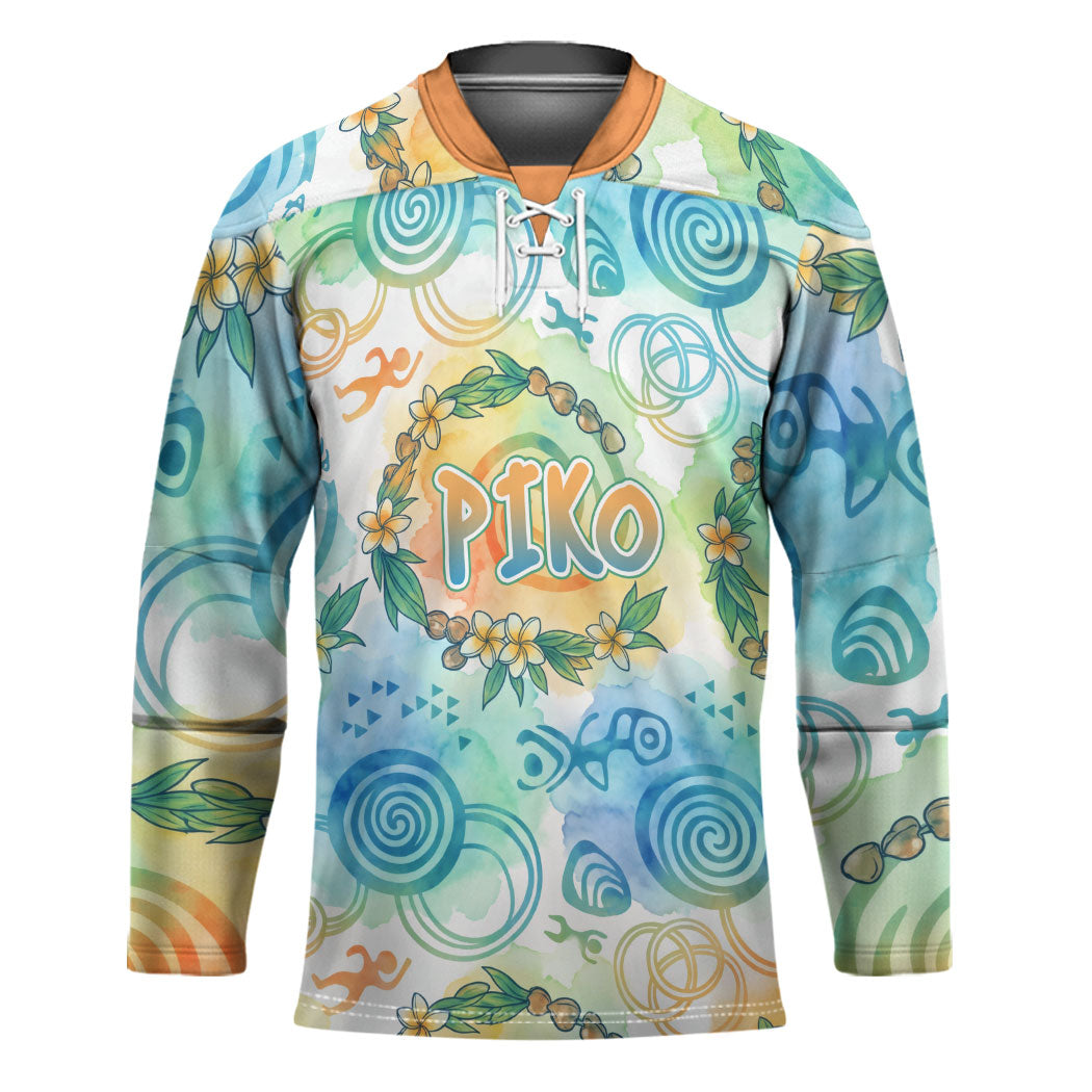 Hawaiian Piko Cultural Pride Aloha Hockey Jersey Watercolor Spiral Art - Tropical Plumeria Lei Garland TS04 Unisex White Blue - Polynesian Pride