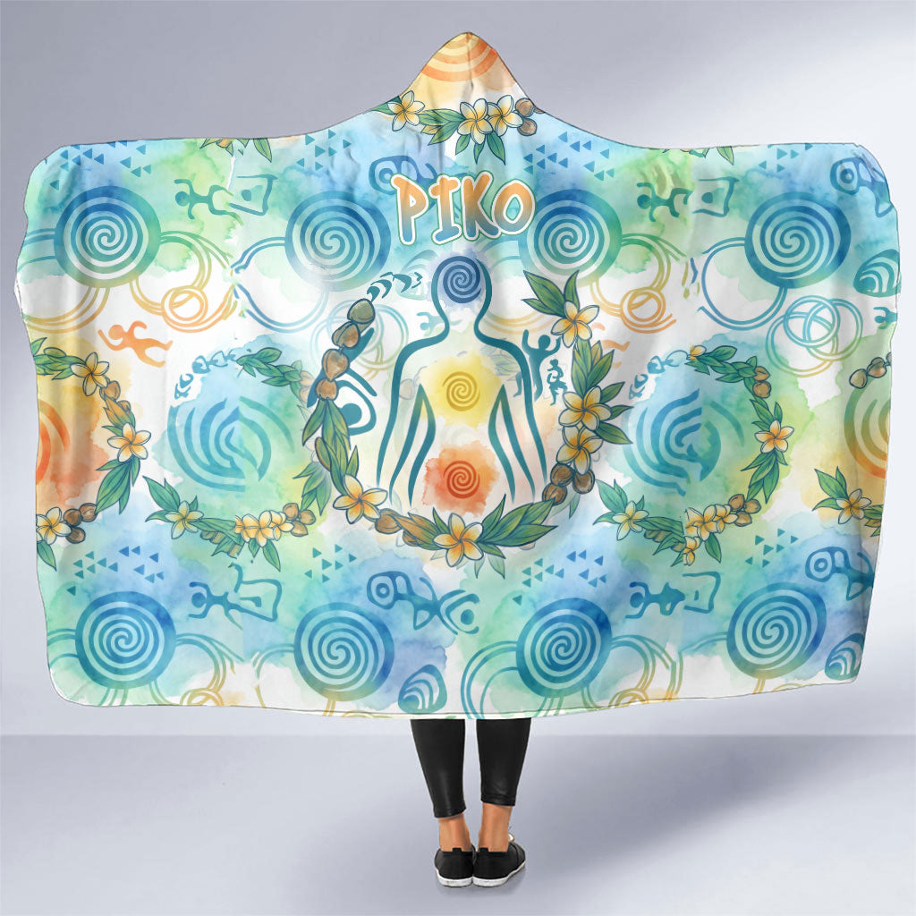 Hawaiian Piko Cultural Pride Aloha Hooded Blanket Watercolor Spiral Art - Tropical Plumeria Lei Garland TS04 One Size White Blue - Polynesian Pride