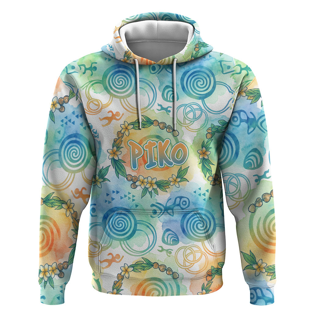 Hawaiian Piko Cultural Pride Aloha Hoodie Watercolor Spiral Art - Tropical Plumeria Lei Garland TS04 Pullover Hoodie White Blue - Polynesian Pride