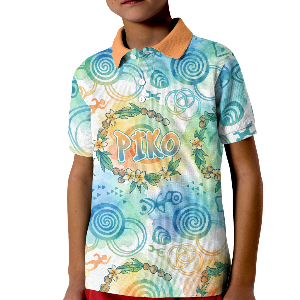 Hawaiian Piko Cultural Pride Aloha Kid Polo Shirt Watercolor Spiral Art - Tropical Plumeria Lei Garland TS04 Kid White Blue - Polynesian Pride