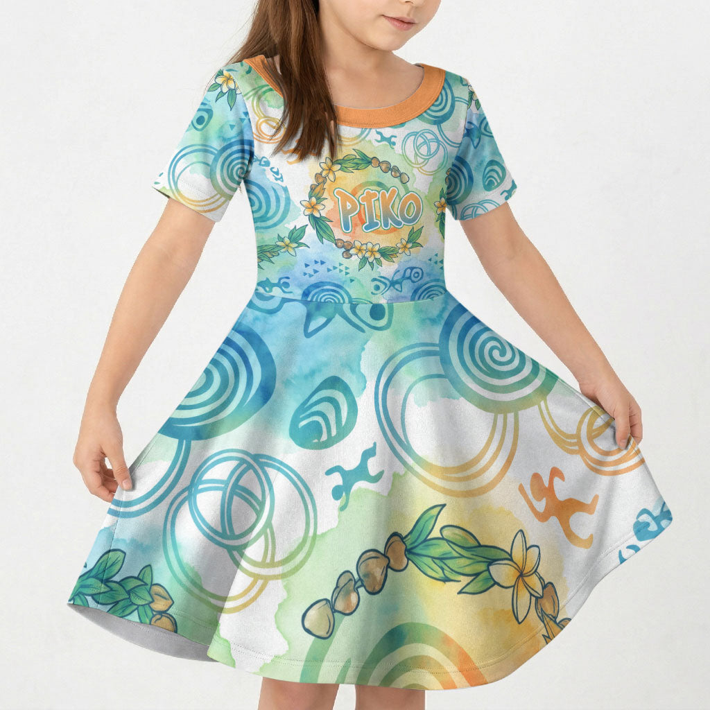 Hawaiian Piko Cultural Pride Aloha Kid Short Sleeve Dress Watercolor Spiral Art - Tropical Plumeria Lei Garland TS04 KID White Blue - Polynesian Pride