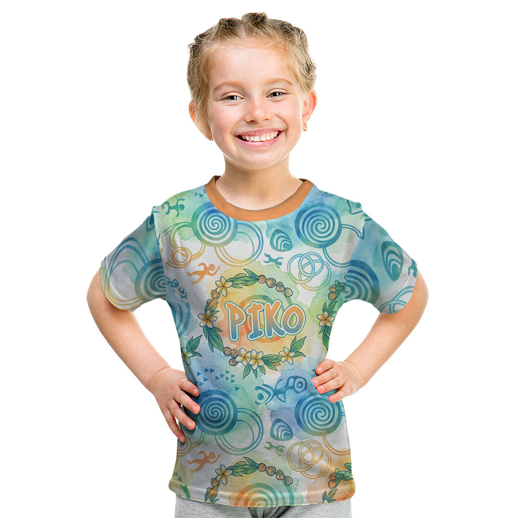 Hawaiian Piko Cultural Pride Aloha Kid T Shirt Watercolor Spiral Art - Tropical Plumeria Lei Garland TS04 White Blue - Polynesian Pride