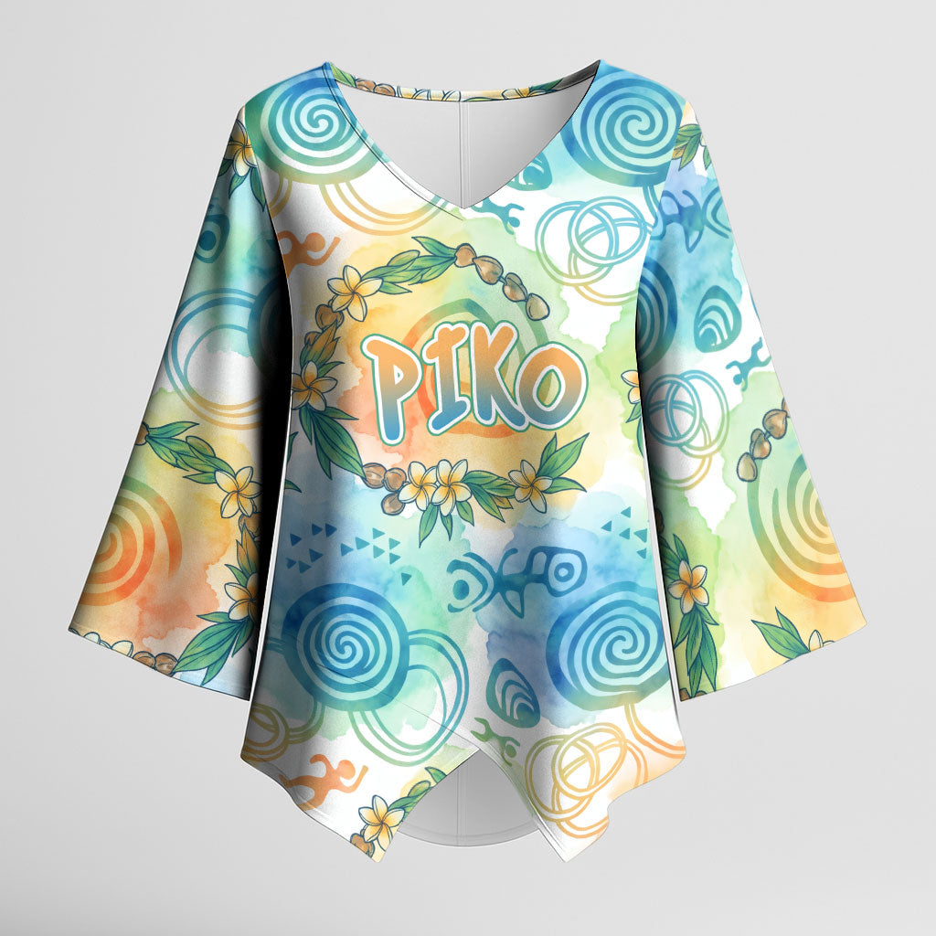 Hawaiian Piko Cultural Pride Aloha Kimono Sleeve Blouse Watercolor Spiral Art - Tropical Plumeria Lei Garland TS04 Female White Blue - Polynesian Pride