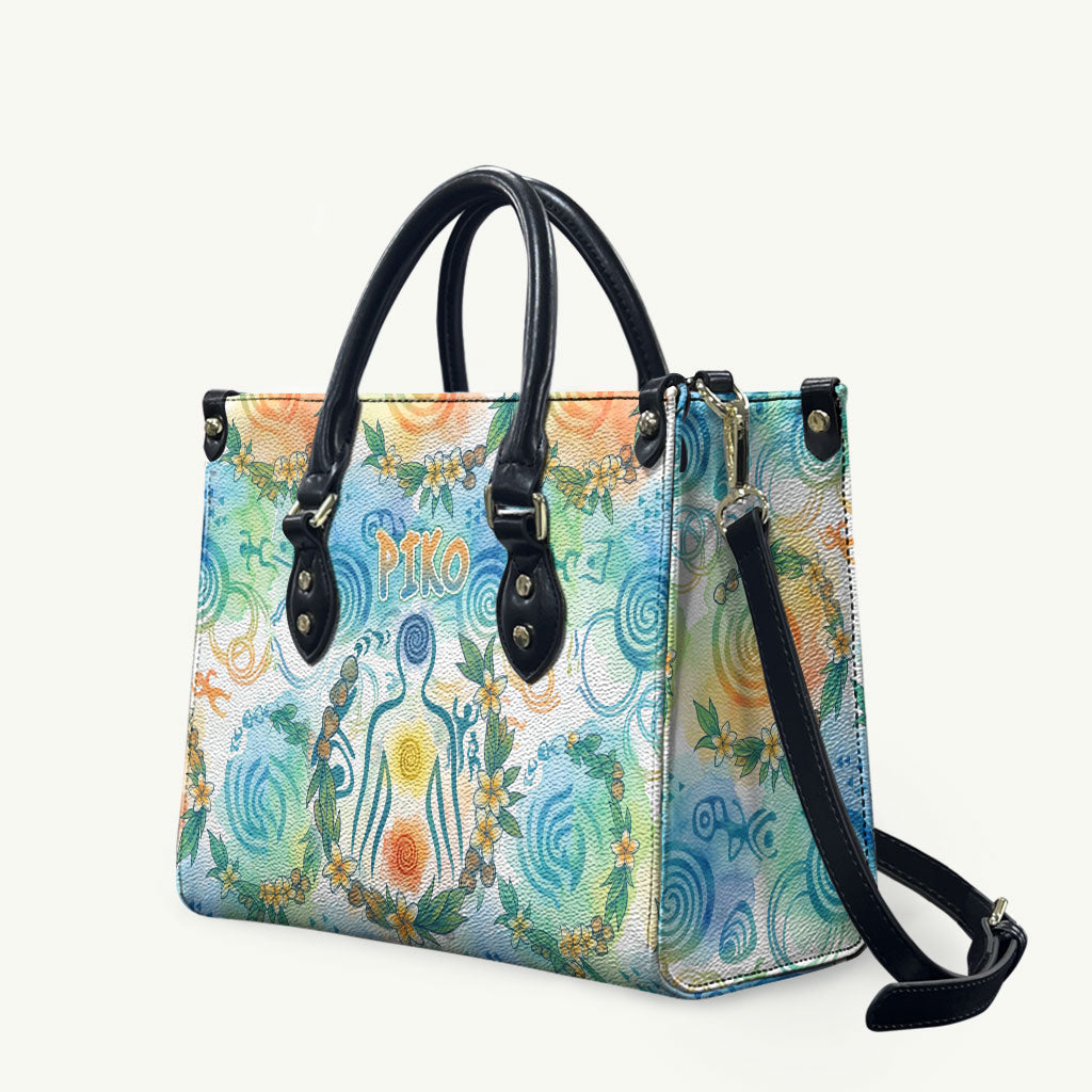 Hawaiian Piko Cultural Pride Aloha Leather Bag Watercolor Spiral Art - Tropical Plumeria Lei Garland TS04 White Blue - Polynesian Pride