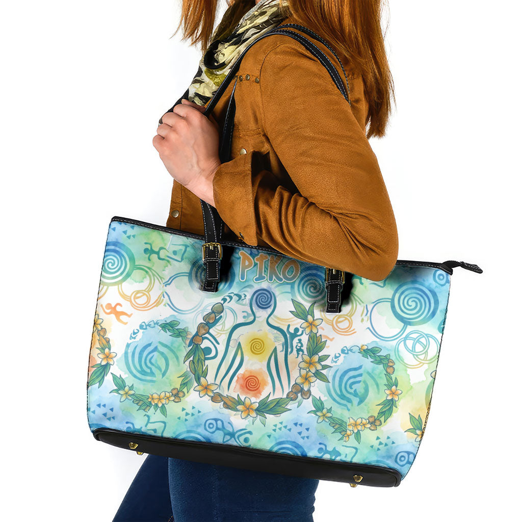 Hawaiian Piko Cultural Pride Aloha Leather Tote Bag Watercolor Spiral Art - Tropical Plumeria Lei Garland TS04 White Blue - Polynesian Pride