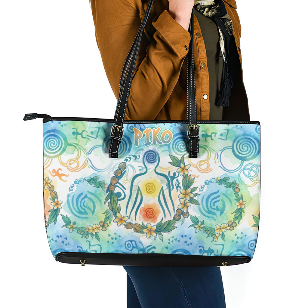Hawaiian Piko Cultural Pride Aloha Leather Tote Bag Watercolor Spiral Art - Tropical Plumeria Lei Garland TS04 - Polynesian Pride
