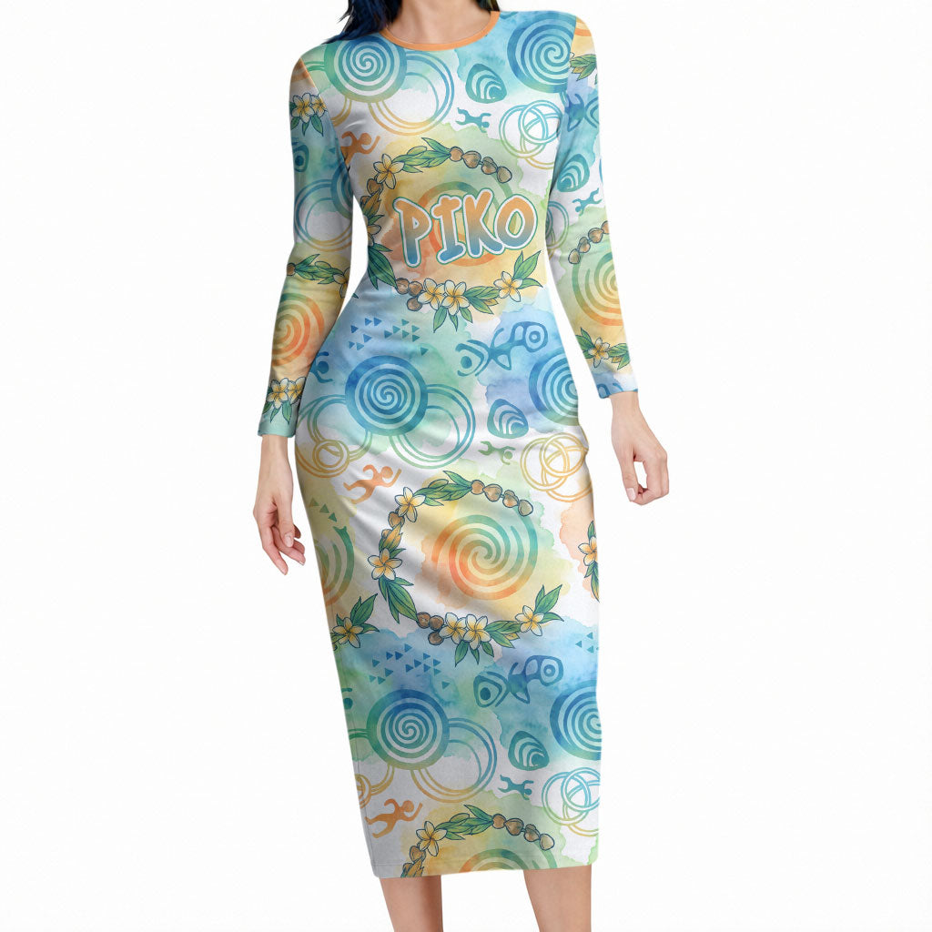 Hawaiian Piko Cultural Pride Aloha Long Sleeve Bodycon Dress Watercolor Spiral Art - Tropical Plumeria Lei Garland TS04 Long Dress White Blue - Polynesian Pride