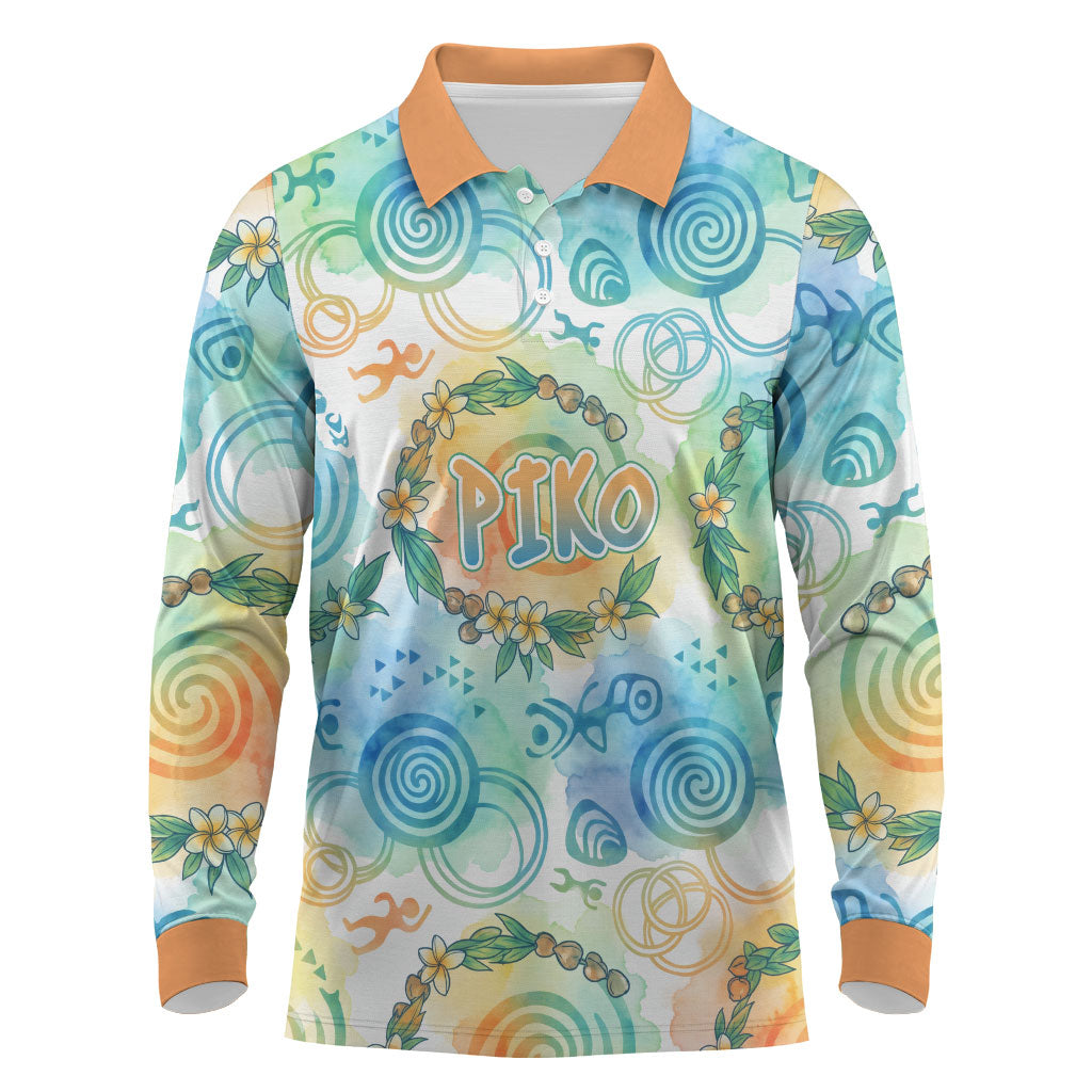 Hawaiian Piko Cultural Pride Aloha Long Sleeve Polo Shirt Watercolor Spiral Art - Tropical Plumeria Lei Garland TS04 White Blue - Polynesian Pride