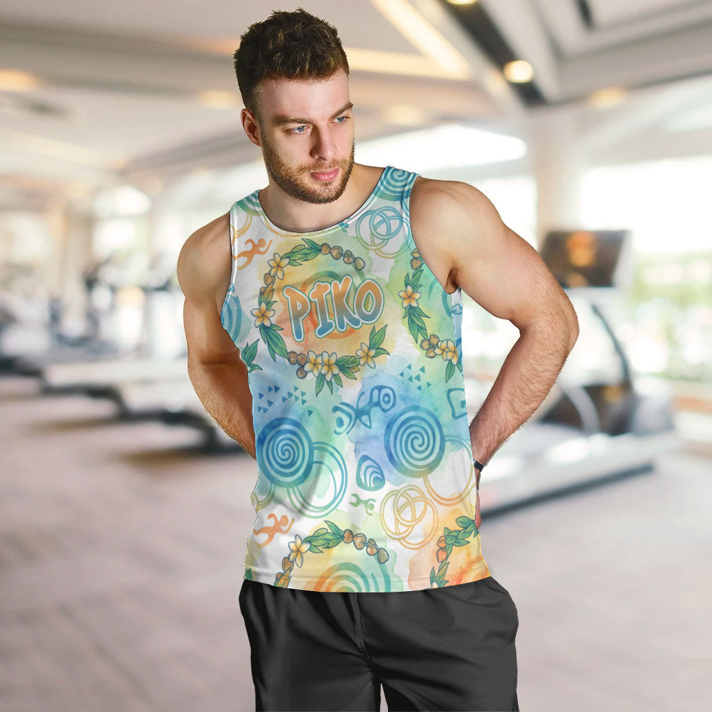 Hawaiian Piko Cultural Pride Aloha Men Tank Top Watercolor Spiral Art - Tropical Plumeria Lei Garland TS04 White Blue - Polynesian Pride